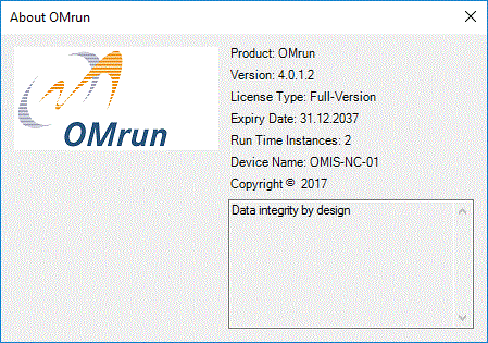 OMrun window 'About'