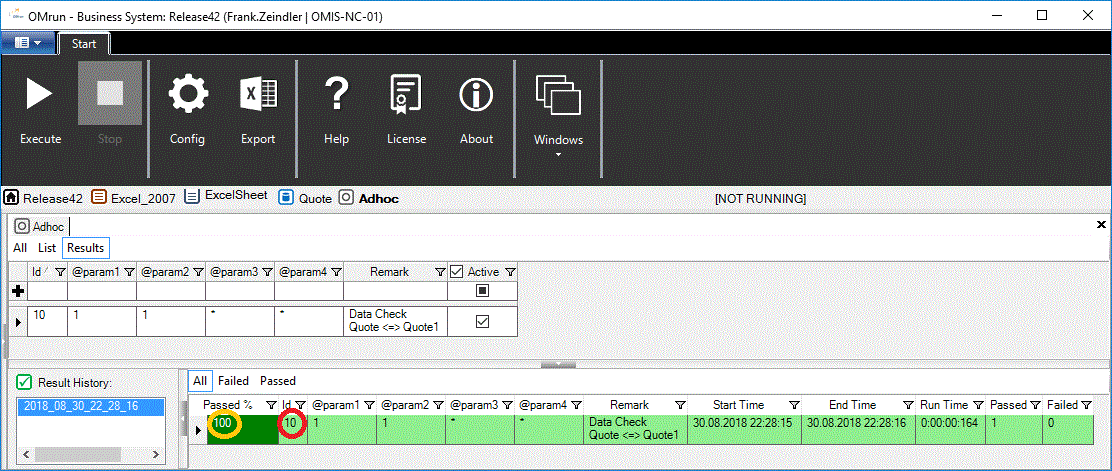 OMrun parameter list result row